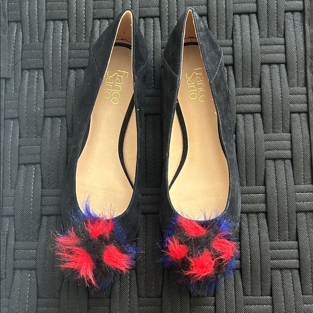 Franco Sarto Black Suede Flats with red/blue Pom accents NWOT
